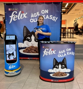 Kettybot service robot at Felix product presentation KettyBot advertising robot promoting Felix pet food at a shopping centre